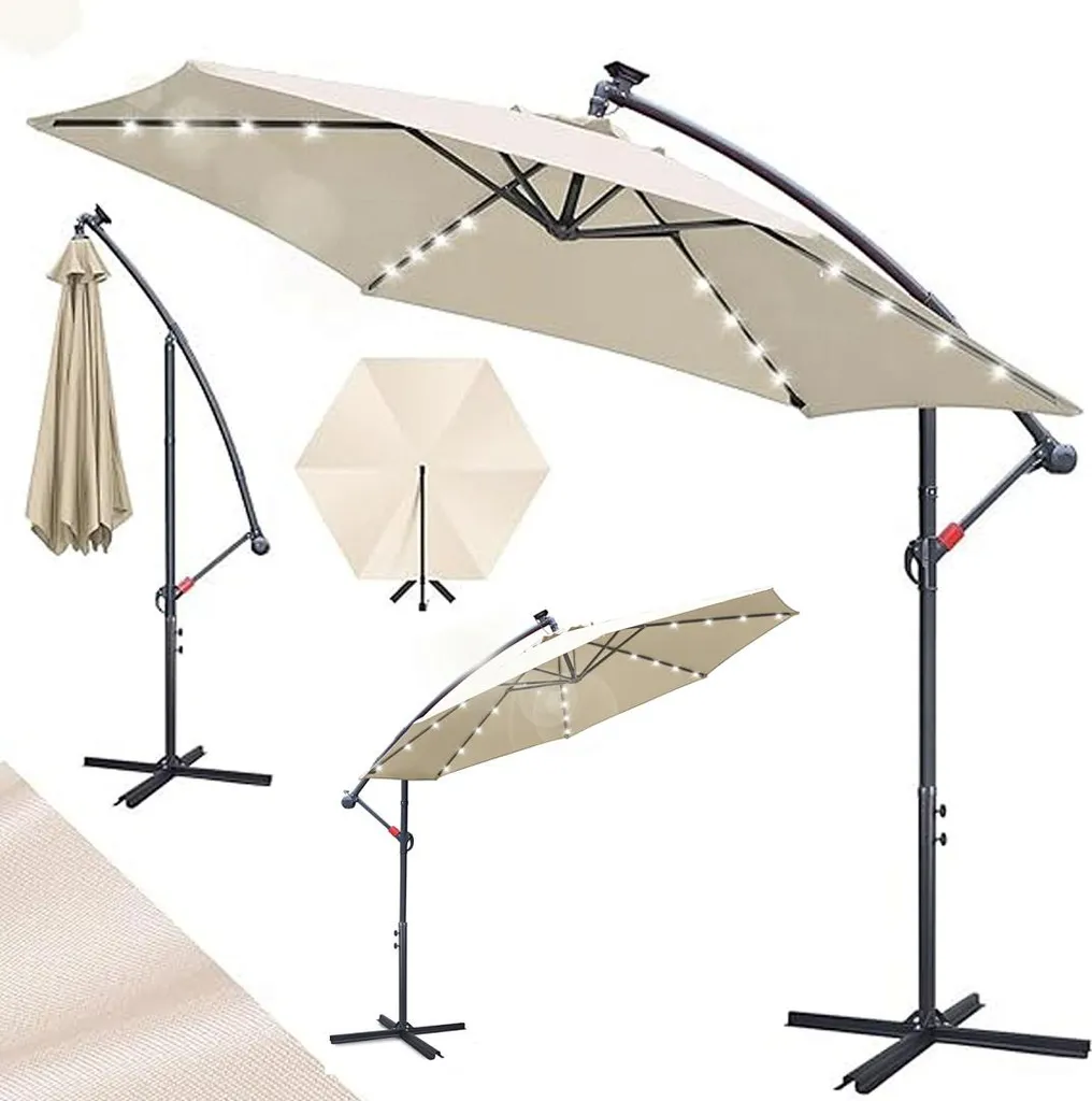 Ombrellone LED 3m Izrielar Beige: Design Moderno per Terrazza e Patio