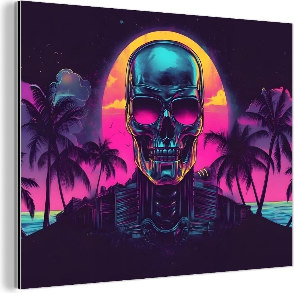 MuchoWow Wanddekoration Metall Metallbild Wandkunst 80x60 cm Palmen - Kopf - Metallisch - Sonnenuntergang MuchoWow Aluminium Gemälde - Alubild