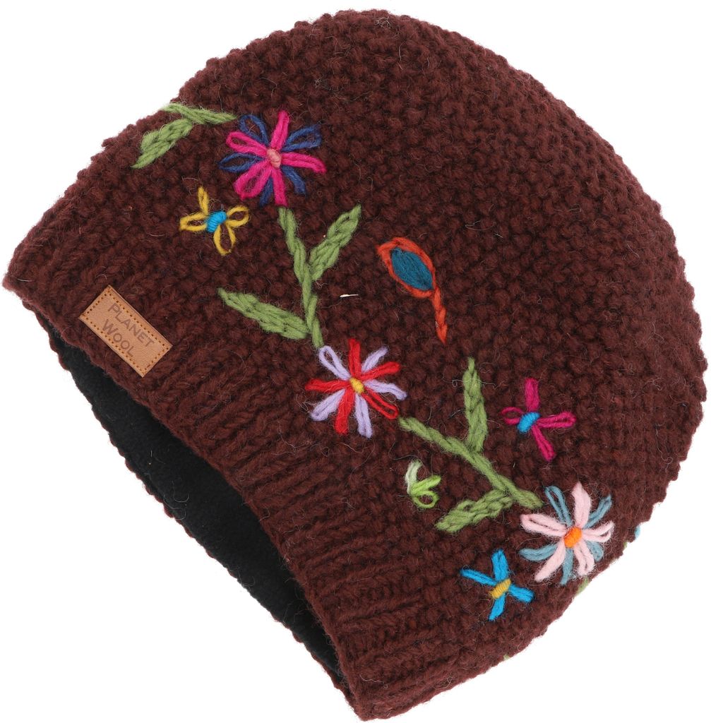 Kurze Beanie Mütze, Bestickte Strickmütze, Nepalmütze, Wintermütze - Weinrot, Uni, Wolle, Mützen