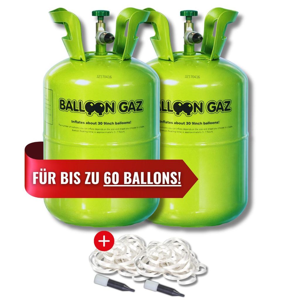 Helium Ballongas-Set 2x Heliumflasche für 60 Luftballons + Zubehör für Party, Folienballons