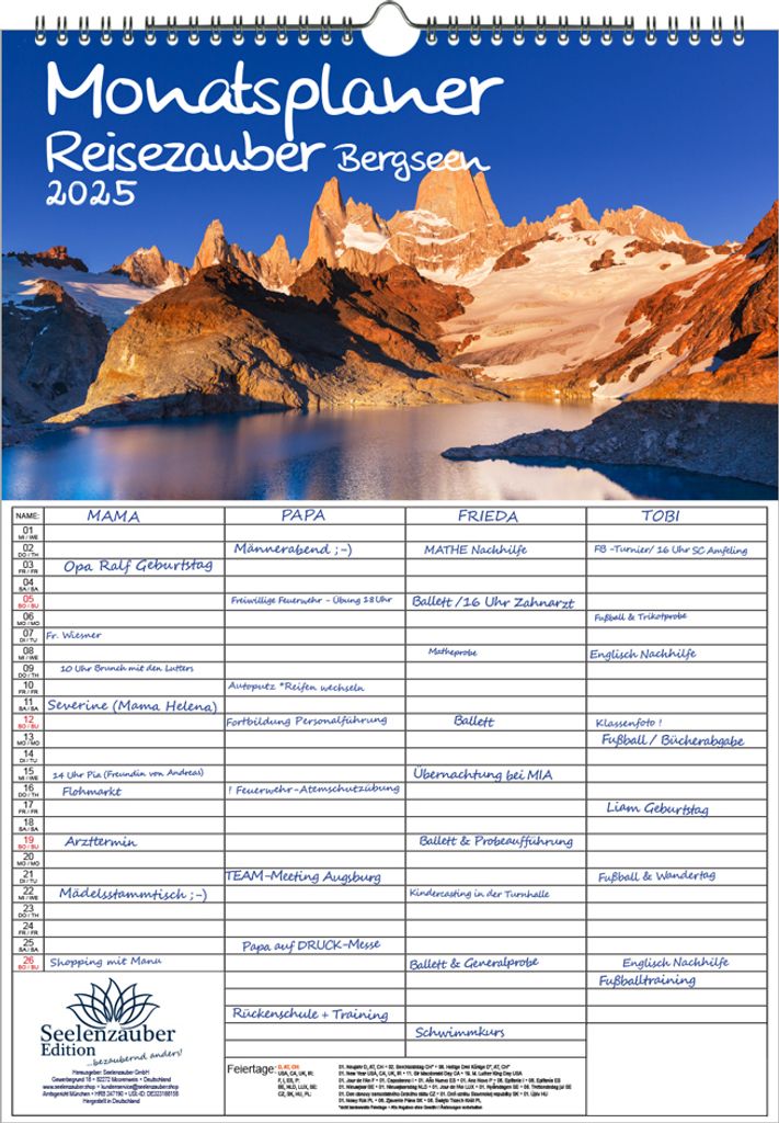 Reisezauber Bergseen Planer Wandplaner Familienplaner 4 Spaltenplaner DIN A3 Kalender für 2025 Bergseen Gipfel und Berge - Seelenzauber