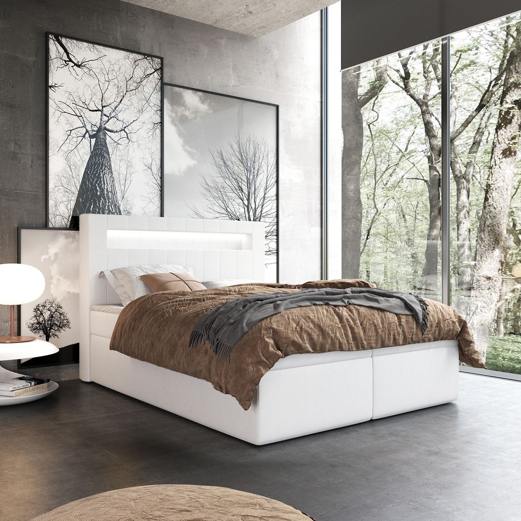 Boxspringbett Doppelbett ROTTWEIL - 160x200cm Bett mit Bonellmatratze, mit Bettkasten f r Bettw sche und Topper. Bett mit Kopfteil. LED-beleuchtete...