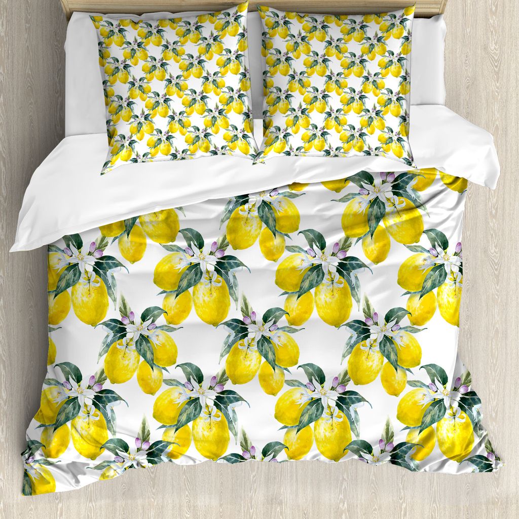 ABAKUHAUS Natur Bettbezug, Sommersaison Früchte, Milbensicher Allergiker geeignet mit Kissenbezügen, 155 cm x 220 cm - 80 x 80 cm, Reseda Grün Gelb