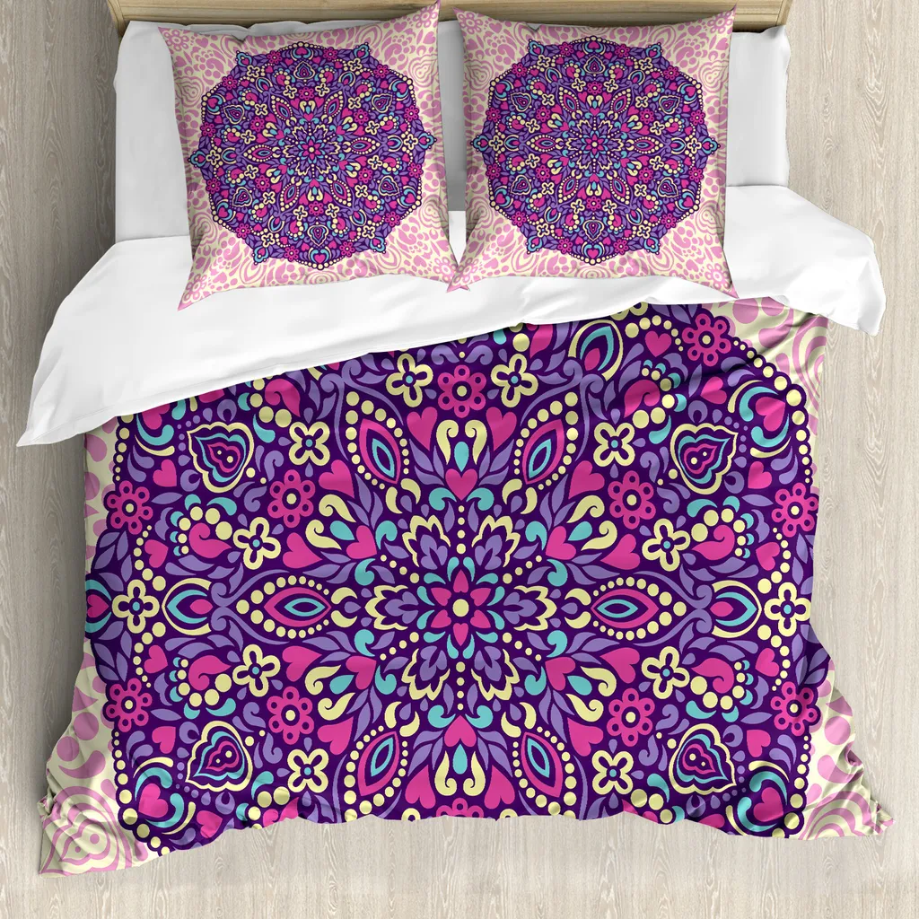 ABAKUHAUS Copripiumino viola Mandala, motivo floreale Cosmos, antiacaro, adatto a chi soffre di allergie, con federe, 155 cm x 220 cm - 80 x 80 cm, rosa pallido magenta-crema