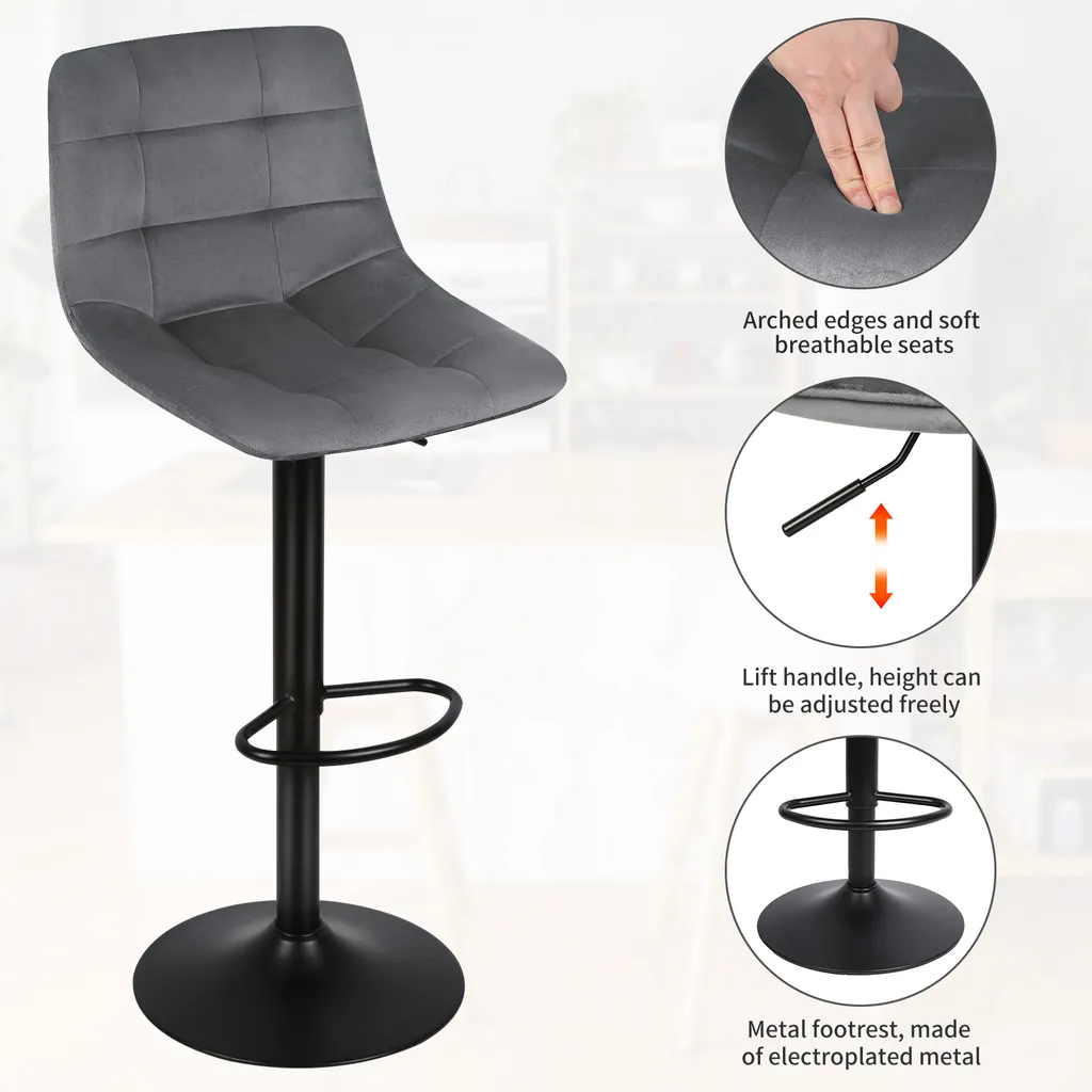 Tabourets de bar pivotants lot de 2 chaises hautes velours et métal gris - 4