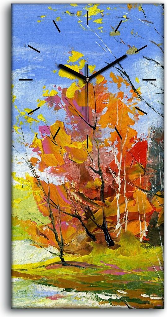 Wanduhr Bürouhr Leinwand Bild Quarz 30x60 Herbst Landschaft mit dem Wald Fluss - schwarze Hände