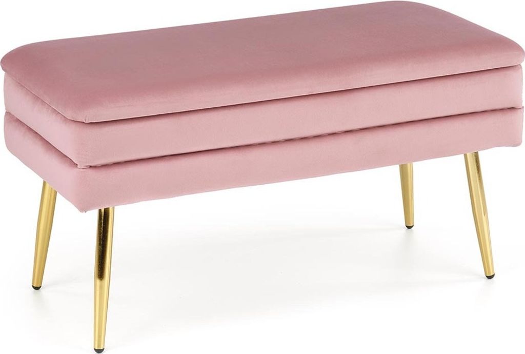 A pink upholstered bench with gold legs is shown against a white background.