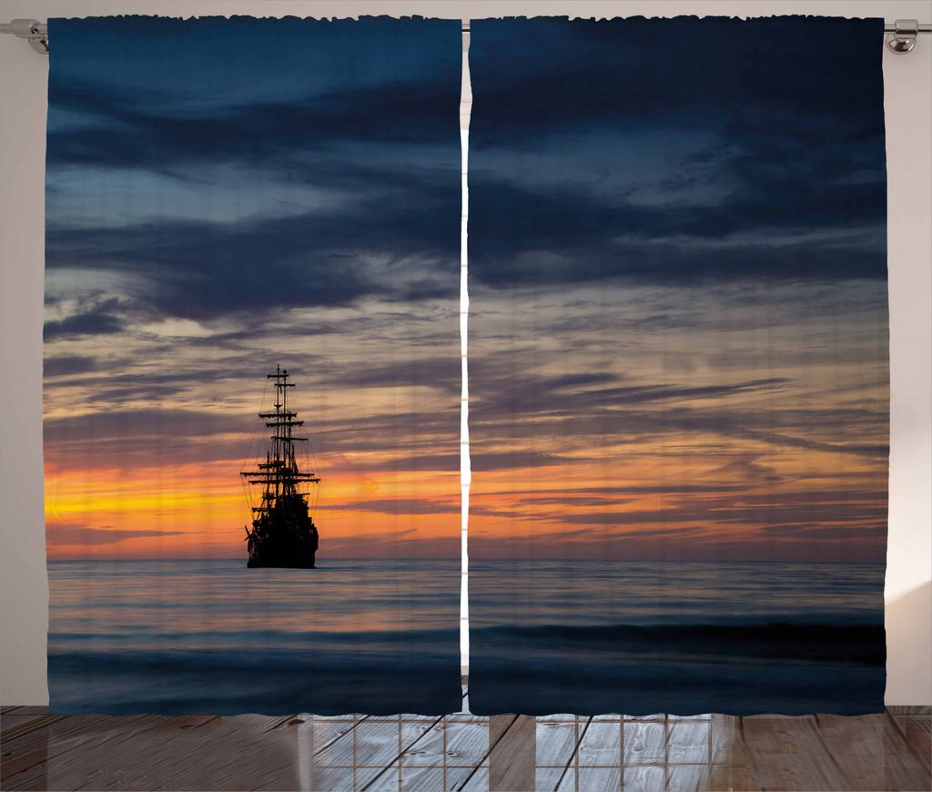 ABAKUHAUS Piratenschiff Rustikaler Vorhang, Old Sailboat Meeres, Wohnzimmer Universalband Gardinen mit Schlaufen und Haken, 280 x 245 cm, Dark Blue...