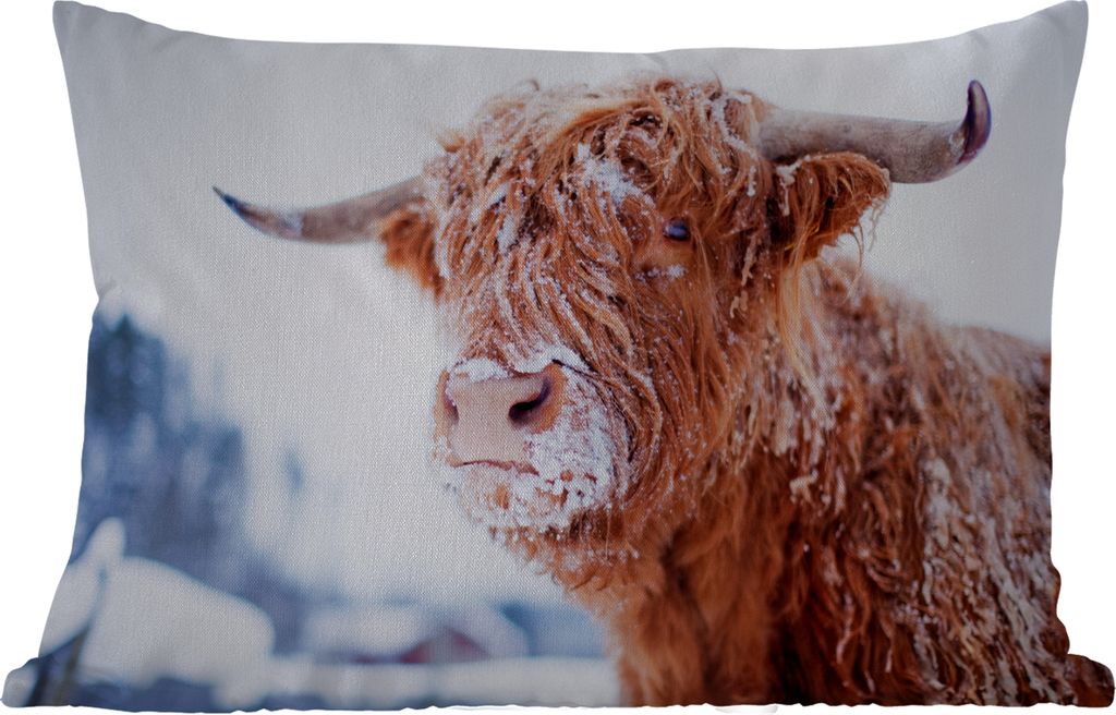 MuchoWow Outdoor Kissen - Schottischer Highlander - Schnee - Braun - 60x40 cm - Wetterfest - Lounge Kissen - Kissenbezüge - Dekokissenbezug - Zi...