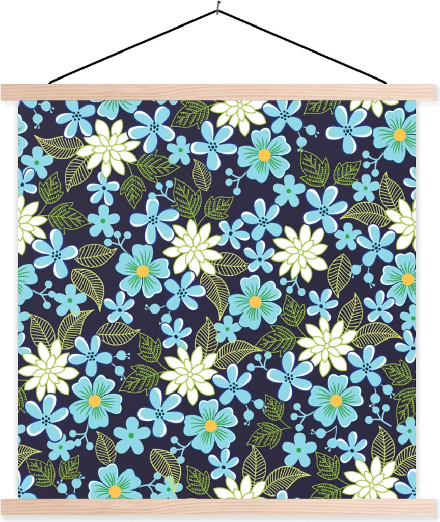 MuchoWow Textilposter Blumen - Blätter - Blau 40x40 cm mit holzfarbenen Rahmen - Posterleiste