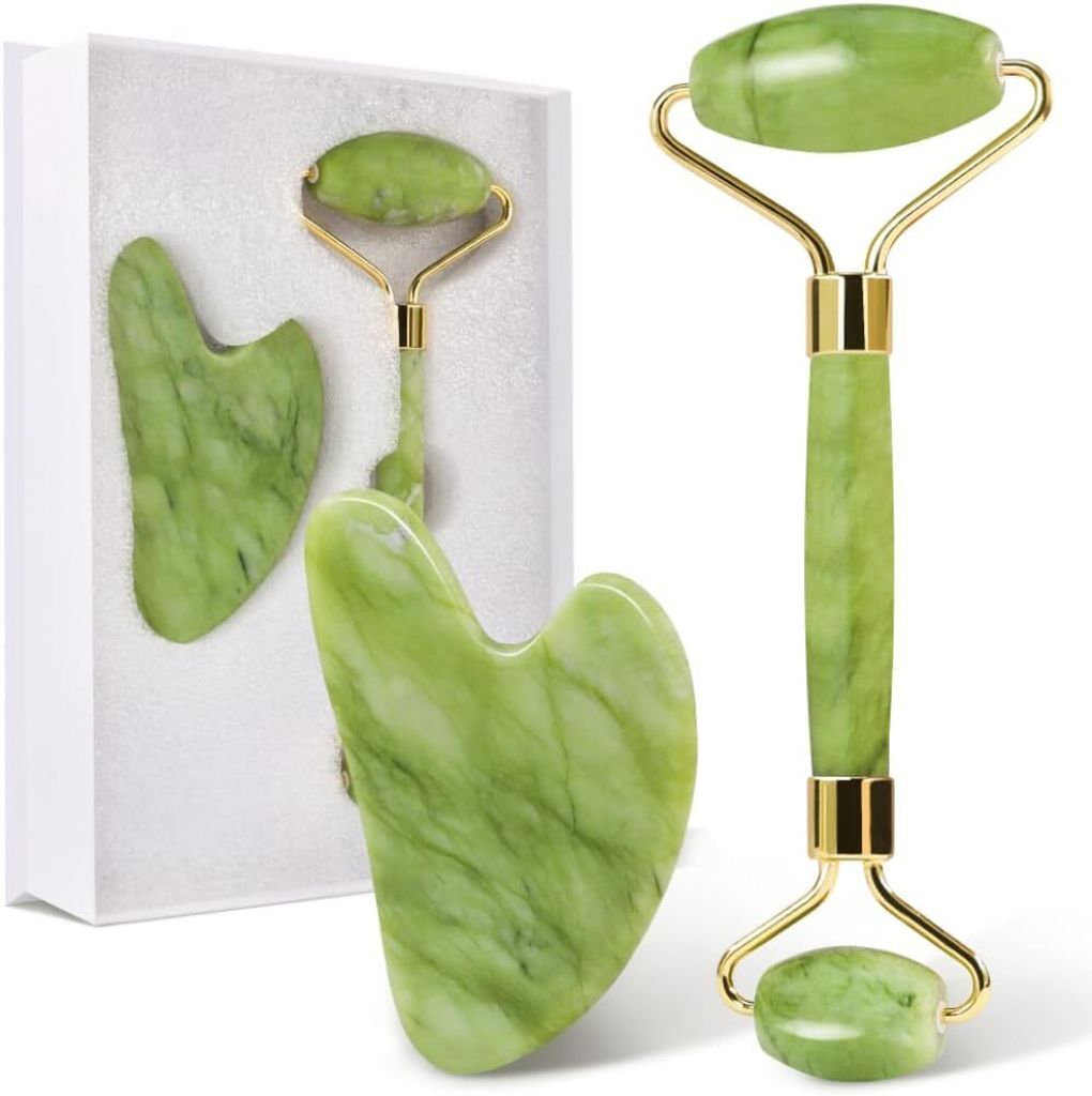 Gua Sha Stein and Face Jade Roller Set for Facial Massage - Reduces Eye Puffiness and Skincare Routine-Green