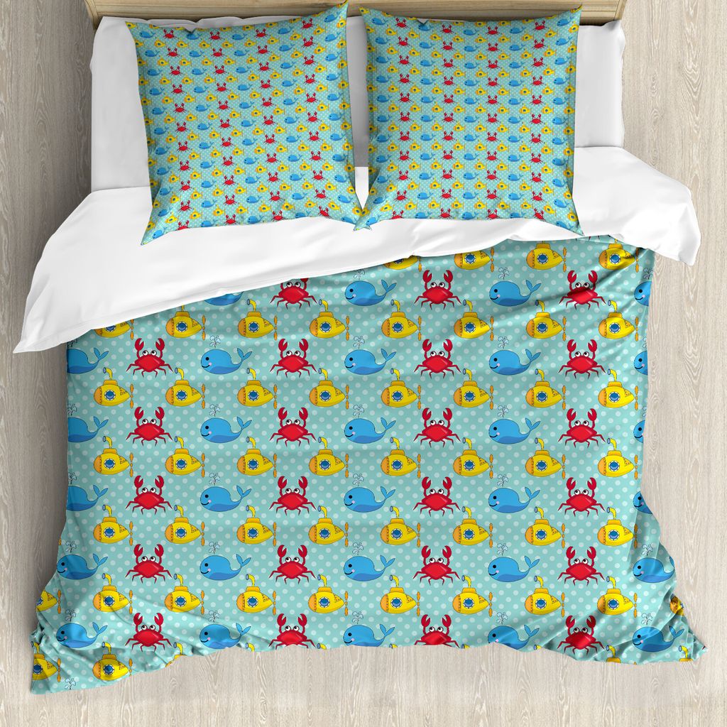 ABAKUHAUS Gelbes U-Boot Bettbezug, Wale Crabs, Milbensicher Allergiker geeignet mit Kissenbezügen, 200 cm x 200 cm - 80 x 80 cm, Aqua und Senf
