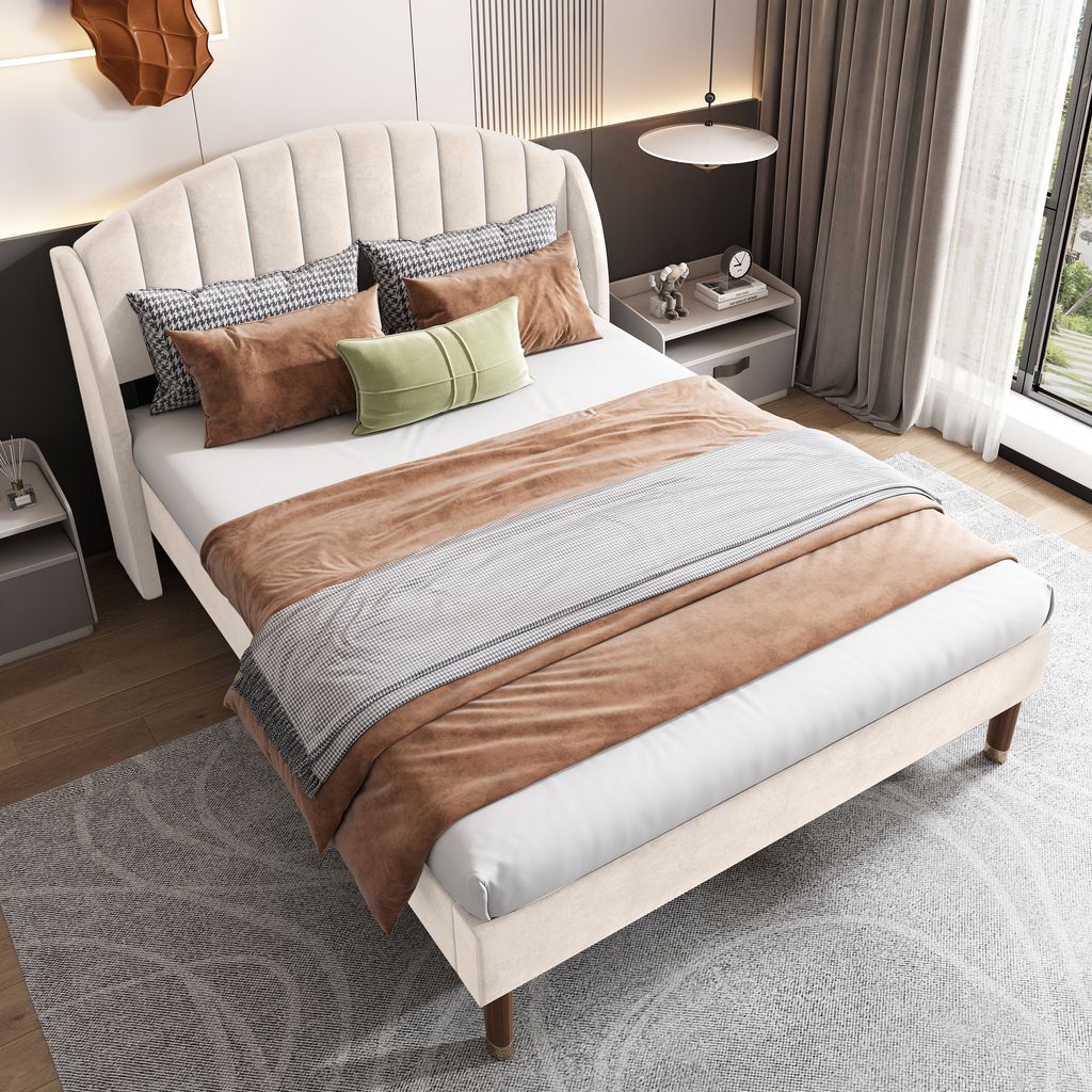 okwish Polsterbett 160*200cm, mit Lattenrost und Kopfteil, Jugendbett, Lattenrost aus Holz, einfache Montage, Samt, Beige