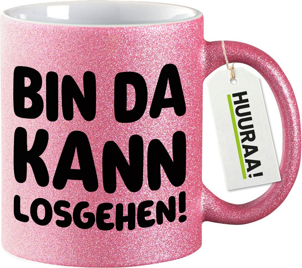 Huuraa Glitzertasse Bin da kann losgehen 330ml Pink Keramik Kaffeebecher Geschenkidee