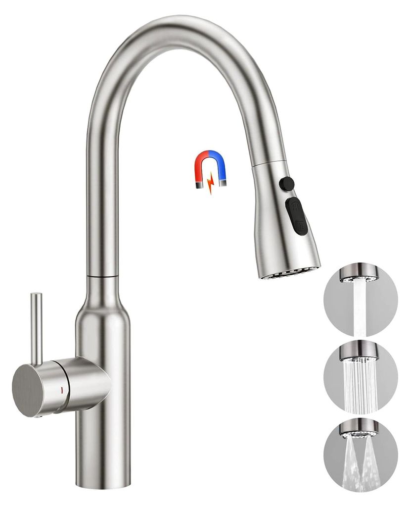Küchenarmatur mit hohem Bogen und 3 Wasserstrahlarten, ausziehbare Brause, Einhebelmischer, Hochdruckarmatur, 360° drehbar, matt gebürsteter Ede...