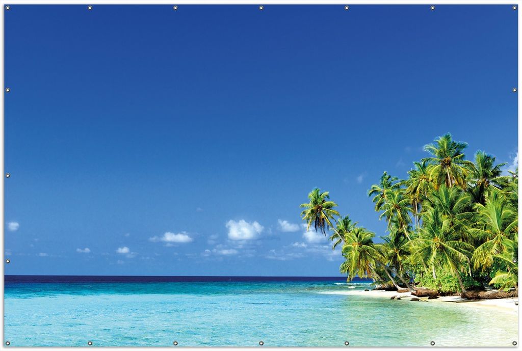 Wallario XXL Outdoor-Poster für Garten oder Balkon, Motiv Blauer Himmel weißer Strand Palmen und das tiefblaue Meer, in ca. 300 x 200 cm
