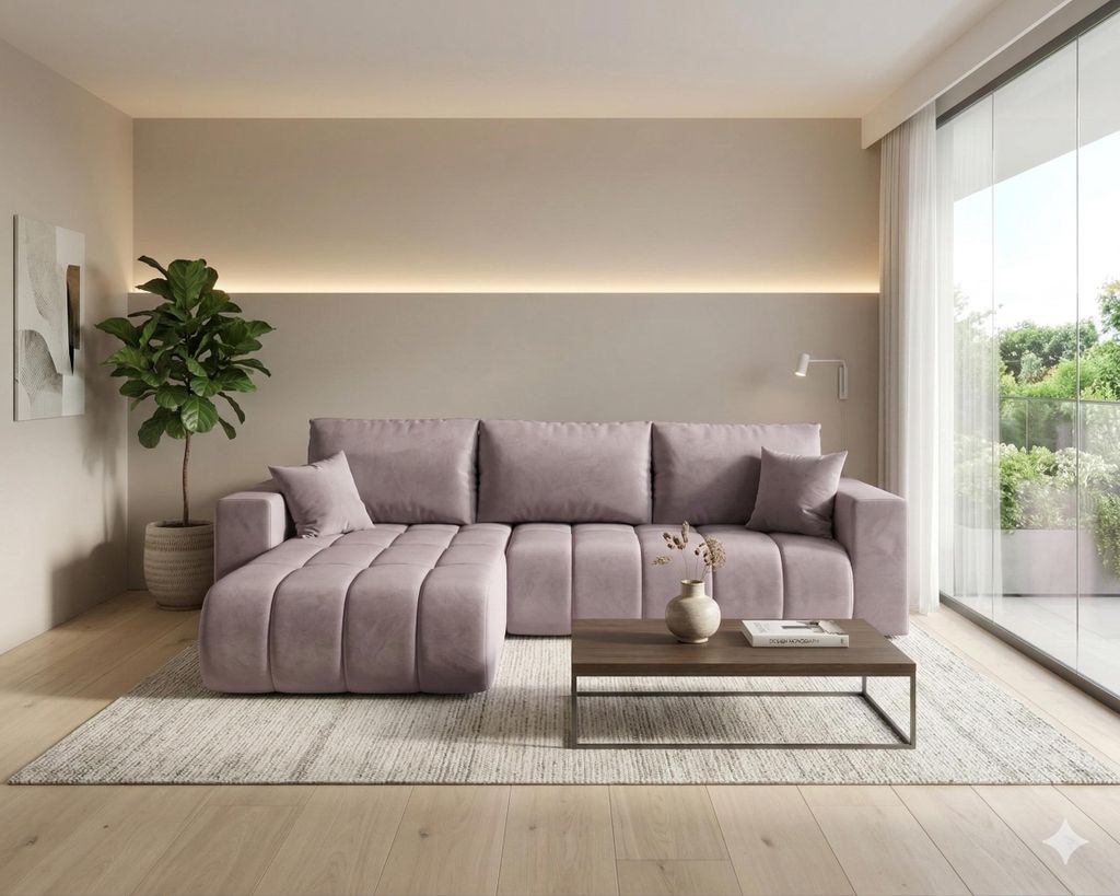 CORNERO Ecksofa LARA L-Form PREMIUM mit Schlaffunktion und Bettkasten Couch Sofa in L-Form Eckcouch Dunkelrosa Ottomane links
