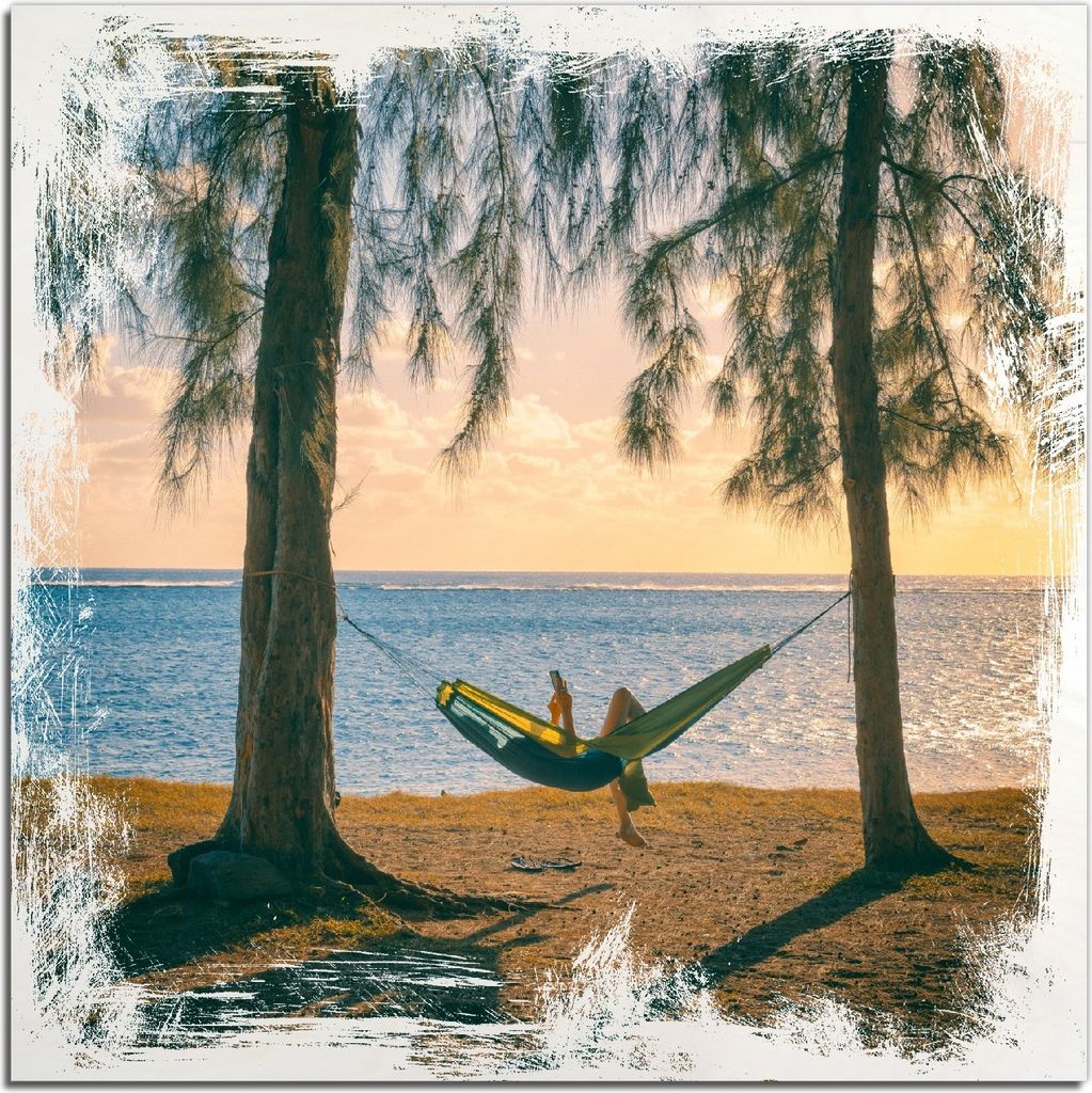 Kunstdrucke Wandbilder Holz in : Brillante Farben, Größe 50 x 50 cm Motiv Chillout - Hängematte am Meer