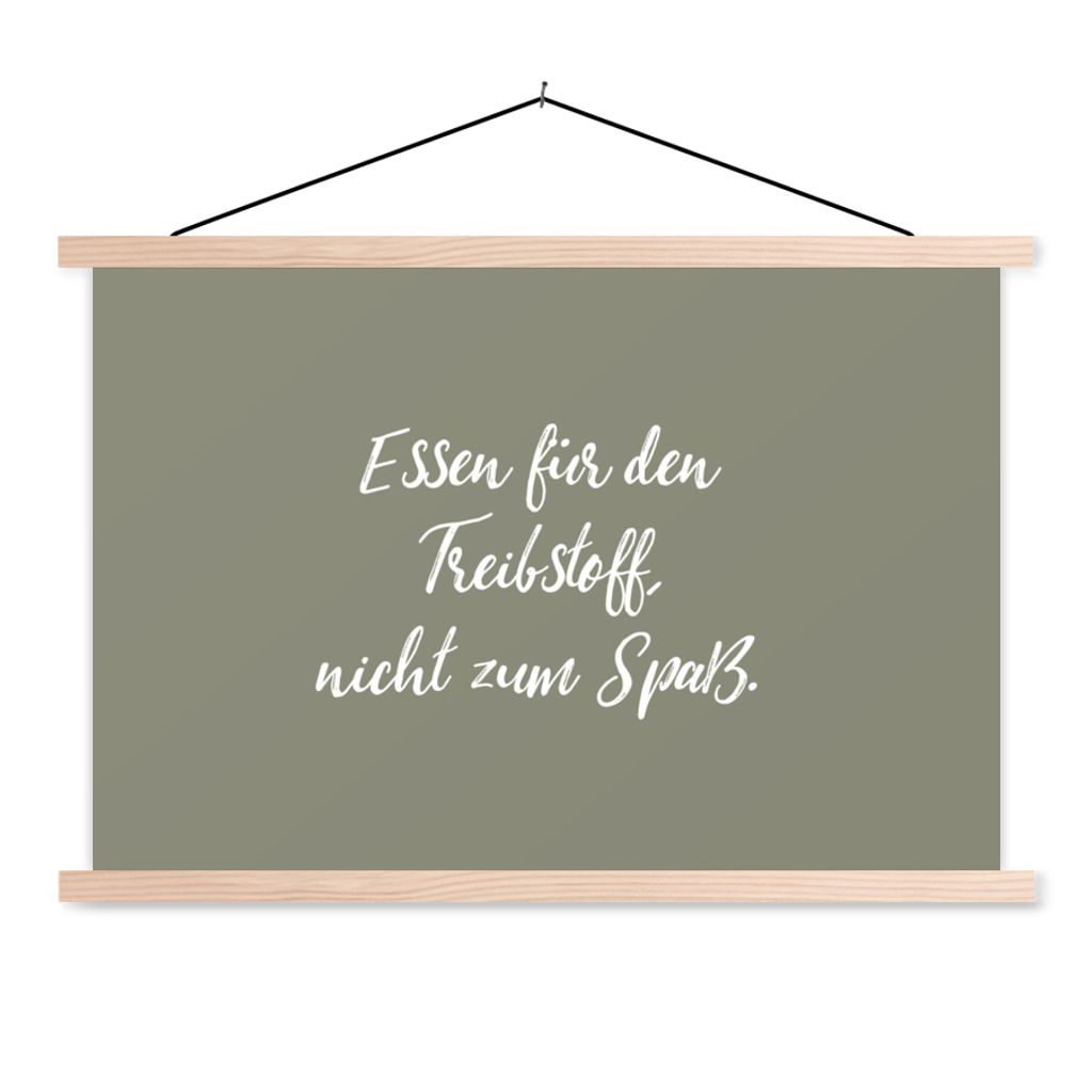 MuchoWow Textilposter Essen für den Treibstoff, nicht zum Spaß - Sprichwörter - Zitate - Essen 120x80 cm mit holzfarbenen Rahmen - Aufhängeset