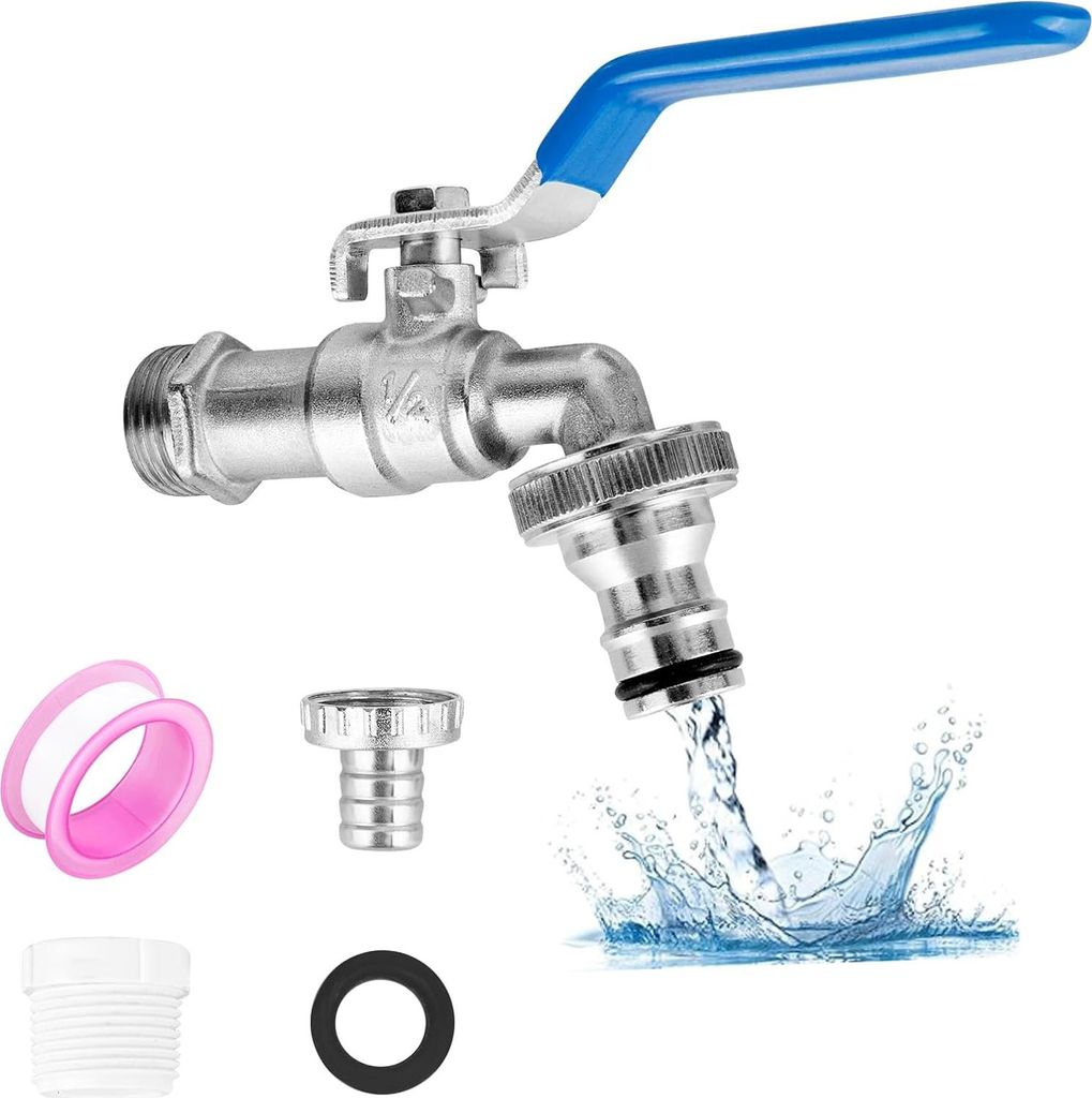 Außenwasserhahn 1/2 Zoll - Messing - für den Garten - rost- und frostbeständig - silber und blau