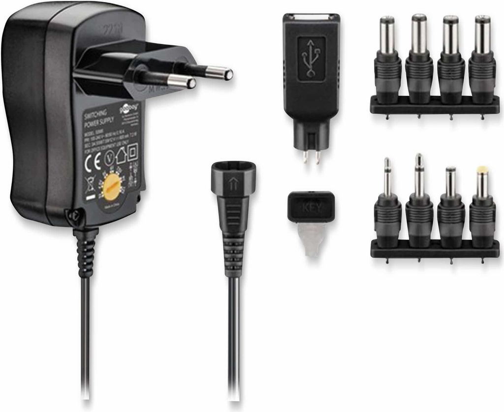 Uniwersalny zasilacz Goobay + wtyczka USB 2.0, 3V-12V 7,2W Zdjęcie produktu 