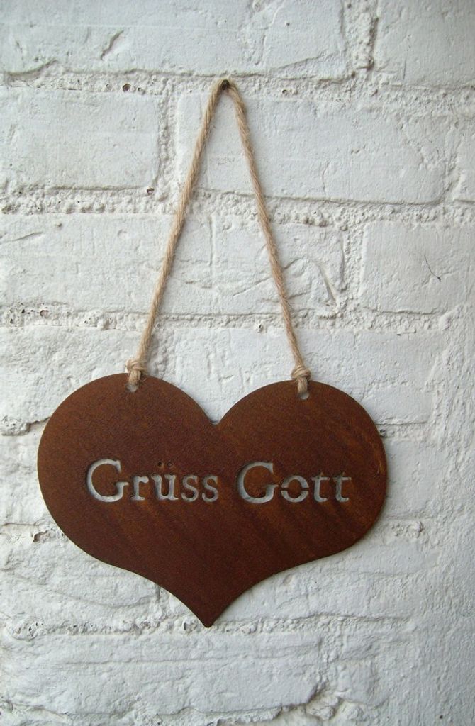Hängeschild, Eisenschild, Herz, Grüß Gott, Willkommen, Edelrost