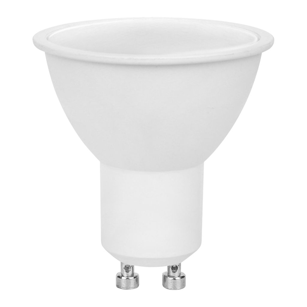 A white LED light bulb with a GU10 base is shown against a white background.