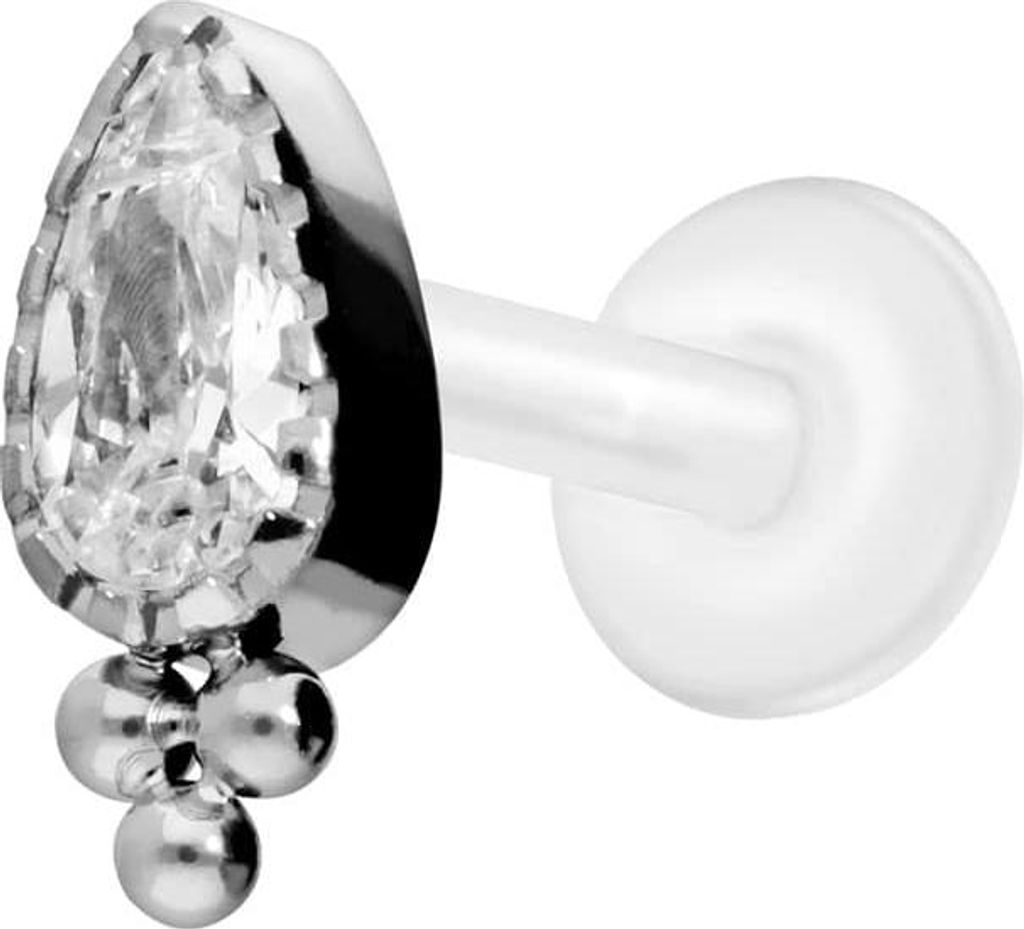 Ohrpiercing, Nasenpiercing PTFE Labret mit Innengewinde + Titan-Aufsatz KRISTALLTROPFEN + KUGELN Silber Stablänge: 6mm | Stabstärke: 1,2mm