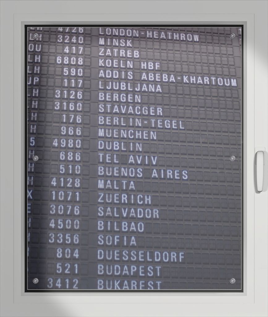 Wallario Lichtschutzbild, Dekorativer Sichtschutz Sonnenschutz 76 x 93 cm mit Motiv: Flughafen Abflugtafel - Verdunklung ohne Bohren