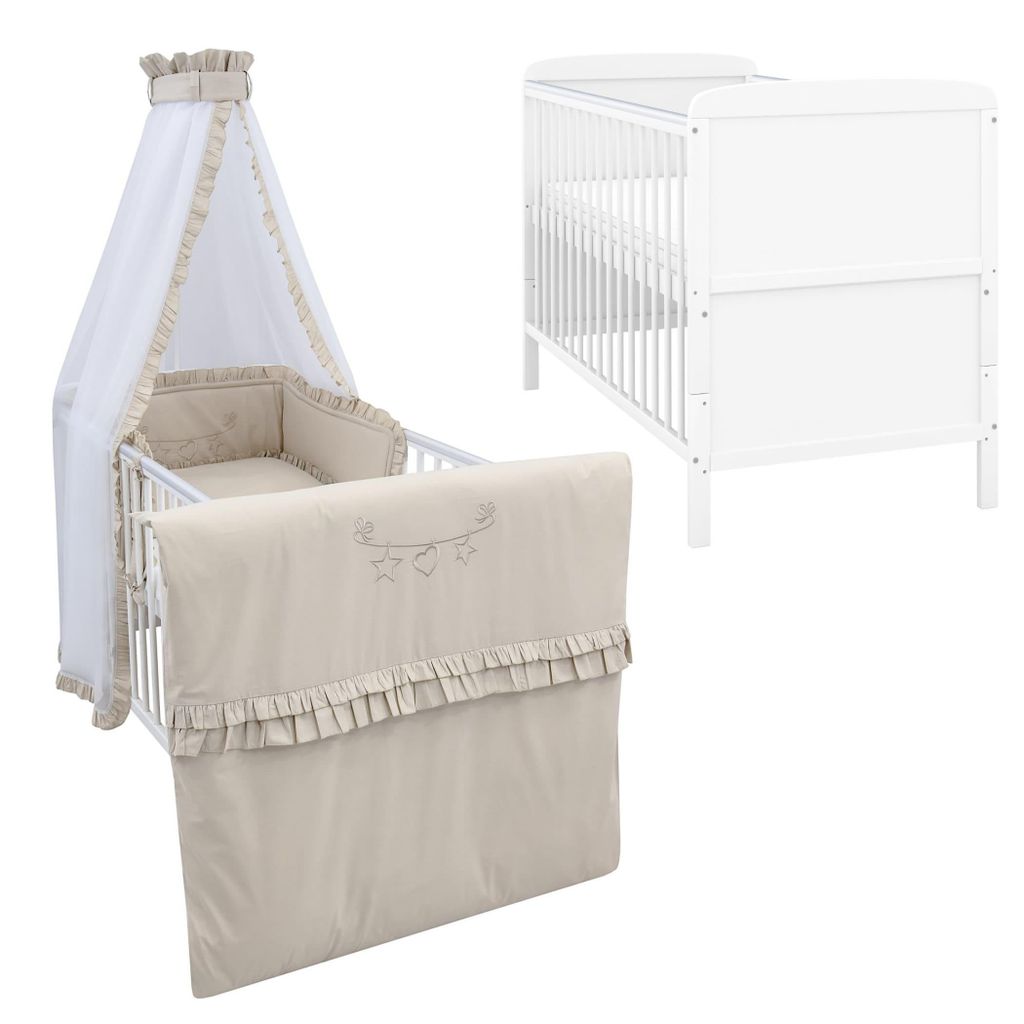 Baby-Delux Babybett Kinderbett Natalie Umbaubar 140x70 Weiß Beißschienen Bettset Komplett mit Motiv Royal Rüsche Beige