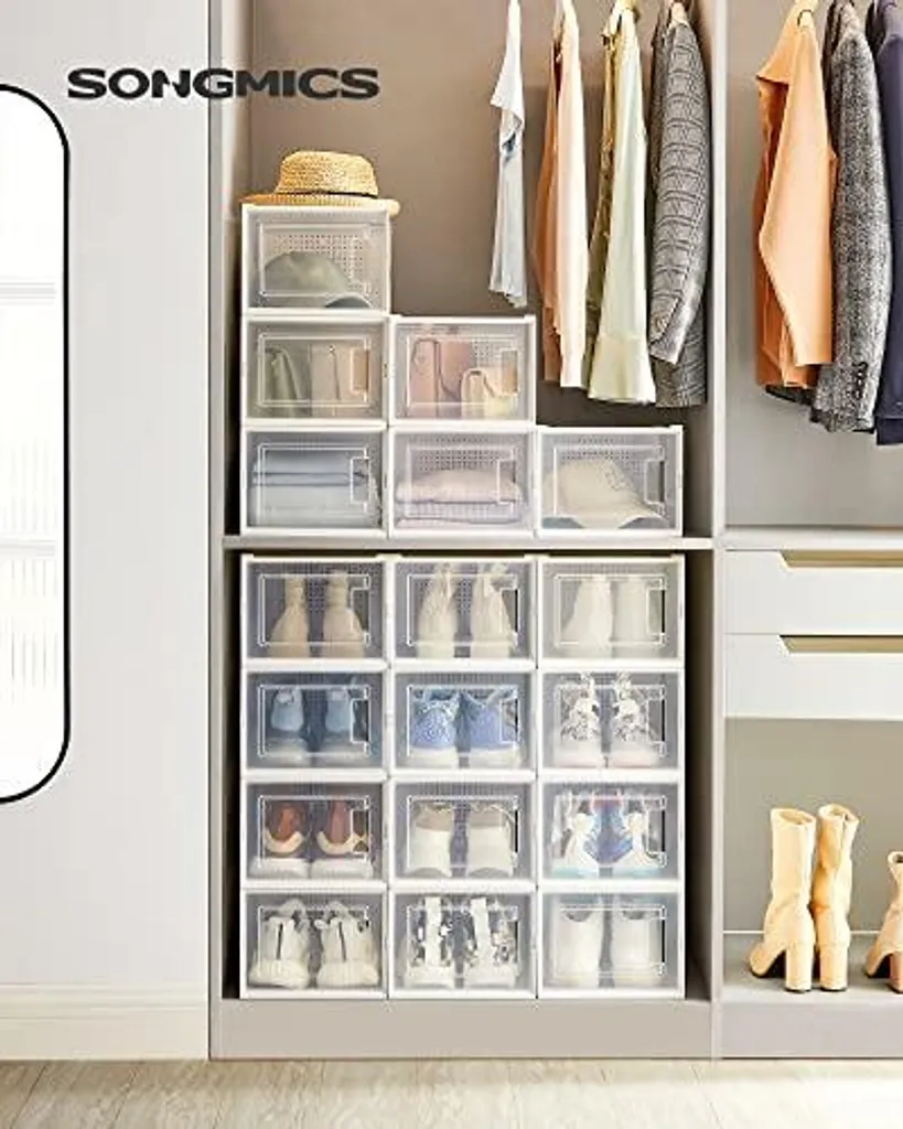 Optimisation dressing avec 18 boîtes à chaussures empilables et claires
