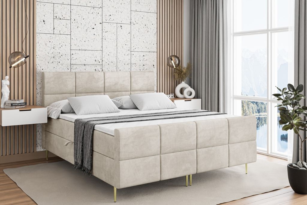 ALTDECOR Boxspringbett mit Gold Füßen, Matratze und Lattenrost, Topper, Fußteil, Polsterbett mit Bettkasten, Bett mit Stauraum H3-Matratze, Dopp...