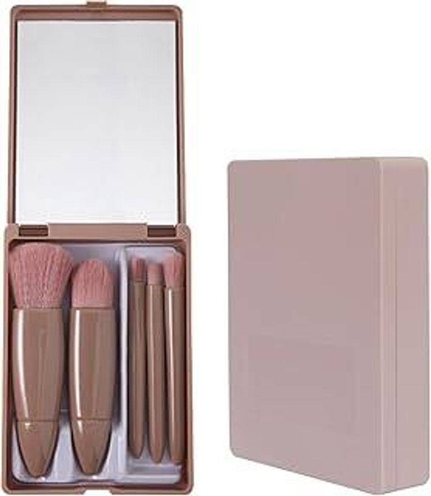 WOLMIK Reise Make up Pinsel Set, 5 teiliges Mini Komplettfunktions Kosmetikpinsel Set mit Spiegelkasten, für Lippenpinsel Foundation Blending Powd...