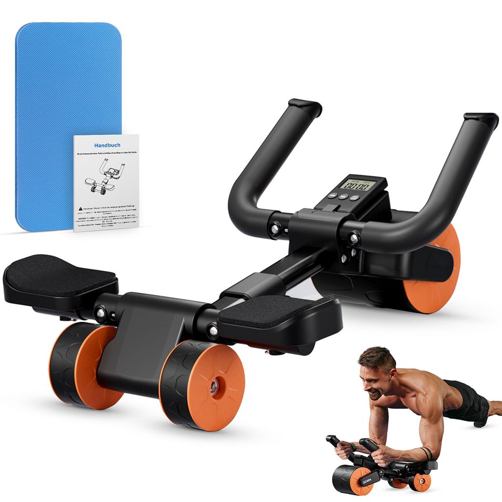 Bauchtrainer mit 3-Rad-Design, automatischer Rückprallfunktion und Kniekissen,Roller Bauchtrainer Fitnessgerät für Zuhause