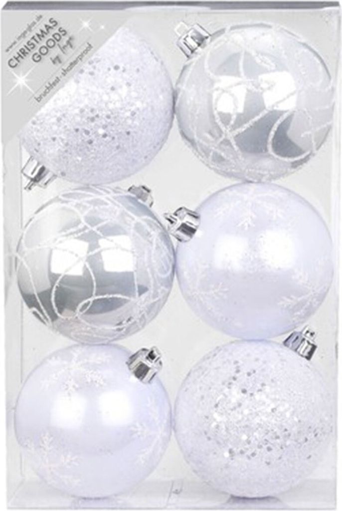 Weihnachtskugeln Dekorierte Kugeln Kunststoff 8cm 6er Set - Weiß