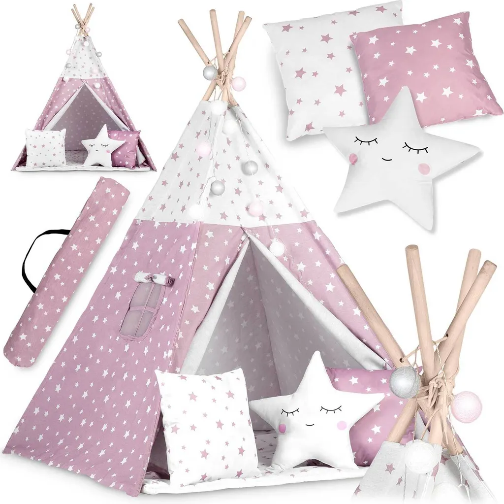 Tipi Enfant Lumineux Rose Nukido avec Tapis de Sol et Étoiles 1.6m