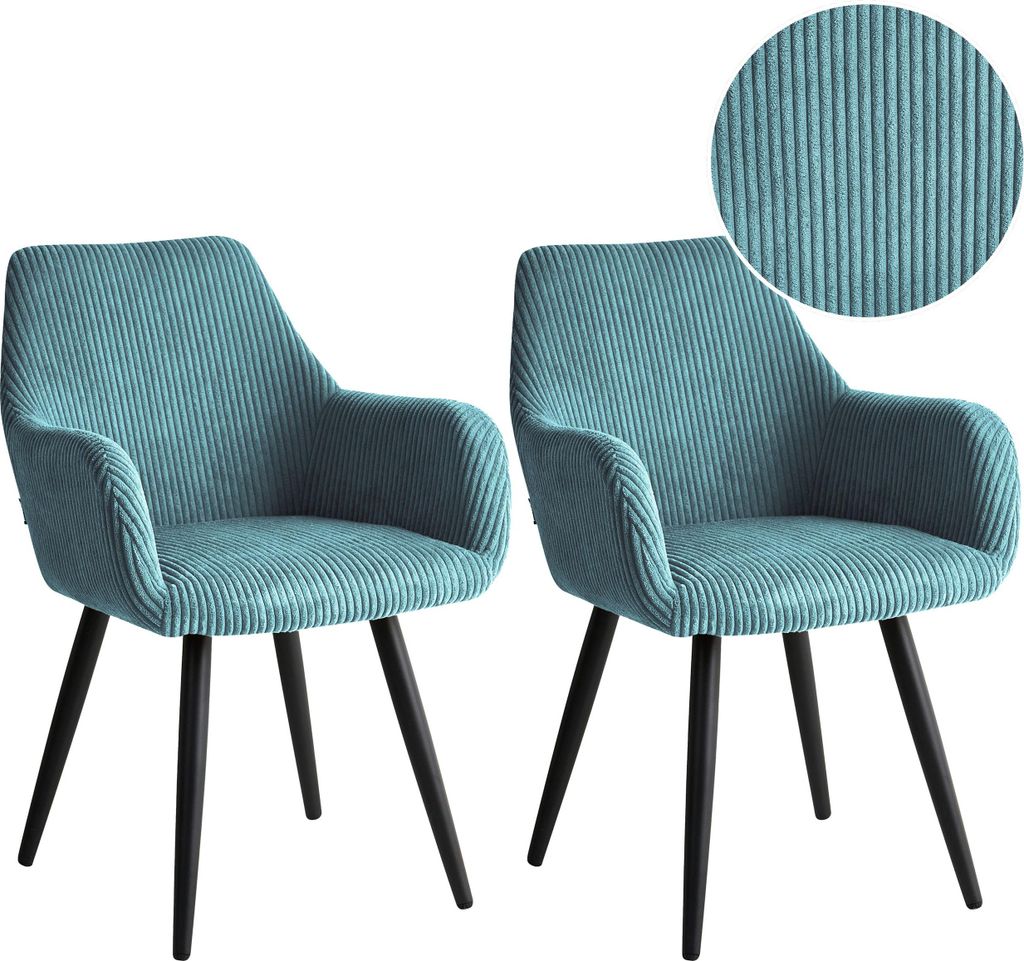 BELIANI Esszimmerstuhl 2er Set Türkis aus Cord Gepolstert mit Armlehnen Metallbeine Modernes Design Polsterstuhl für Esszimmer Küche