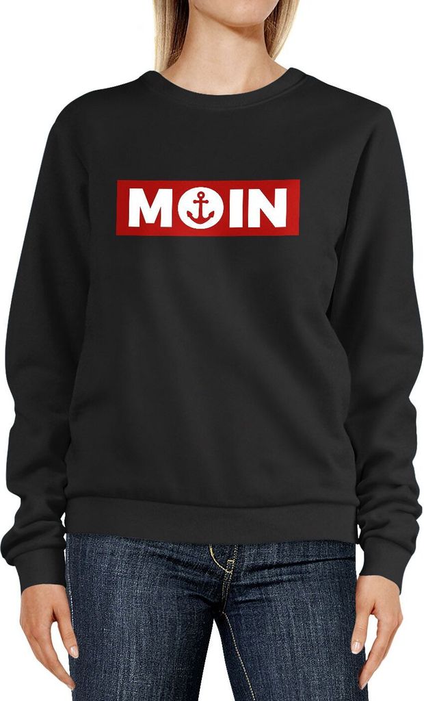 Sweatshirt Damen Moin norddeutsch Morgen Anker Badge Rundhals-Pullover Pulli Sweater Neverless schwarz S