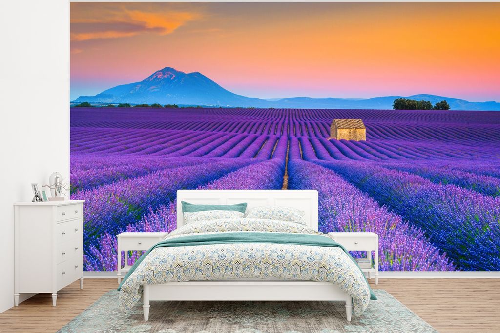 MuchoWow Fototapete für Wohnzimmer oder Schlafzimmer Wandtapete Vinyl Motivtapete Lavendel - Lila - Blumen - 320x240 cm - Tapeten
