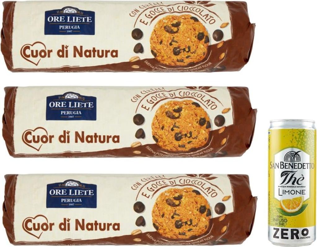 3er-Pack Ore Liete Cuor di Natura Biscotti,Kekse mit Getreide und Schokoladentropfen,mit Vollkornmehl und ohne Zuckerzusatz,250g + 1er-Pack San Ben...