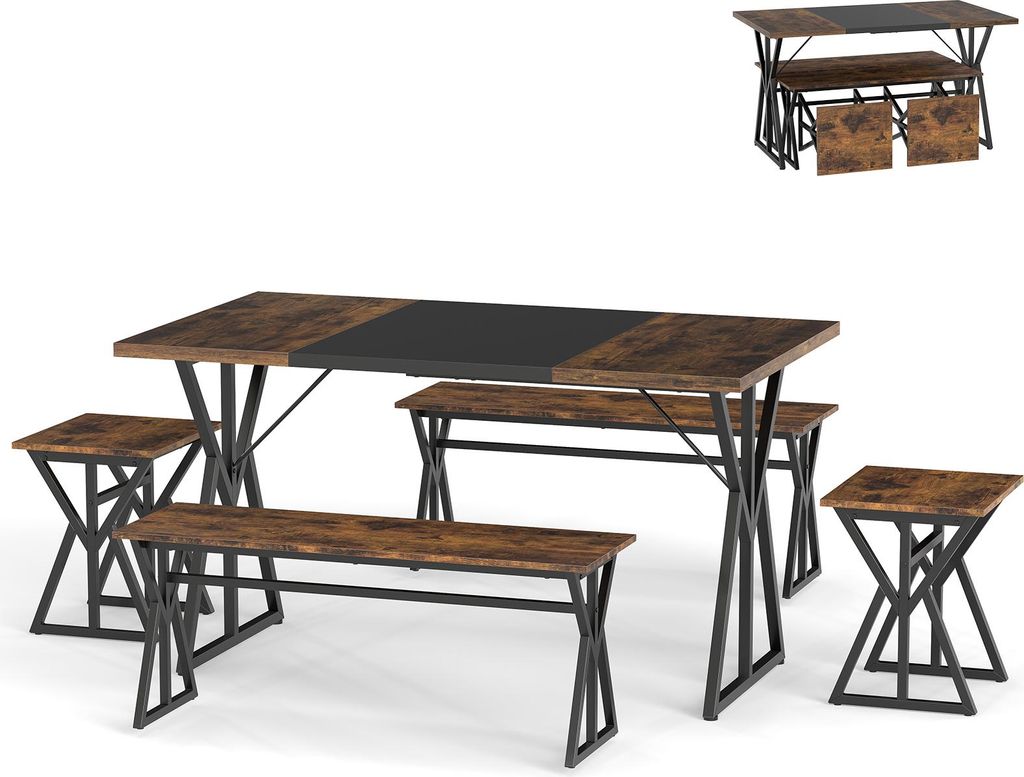 COSTWAY 5-teiliges Esstisch Set für 4-6 Personen, rechteckiger Esszimmertisch mit 2 Bänken&2 Stühlen, industrielle Essgruppe, Küchentisch Metal...