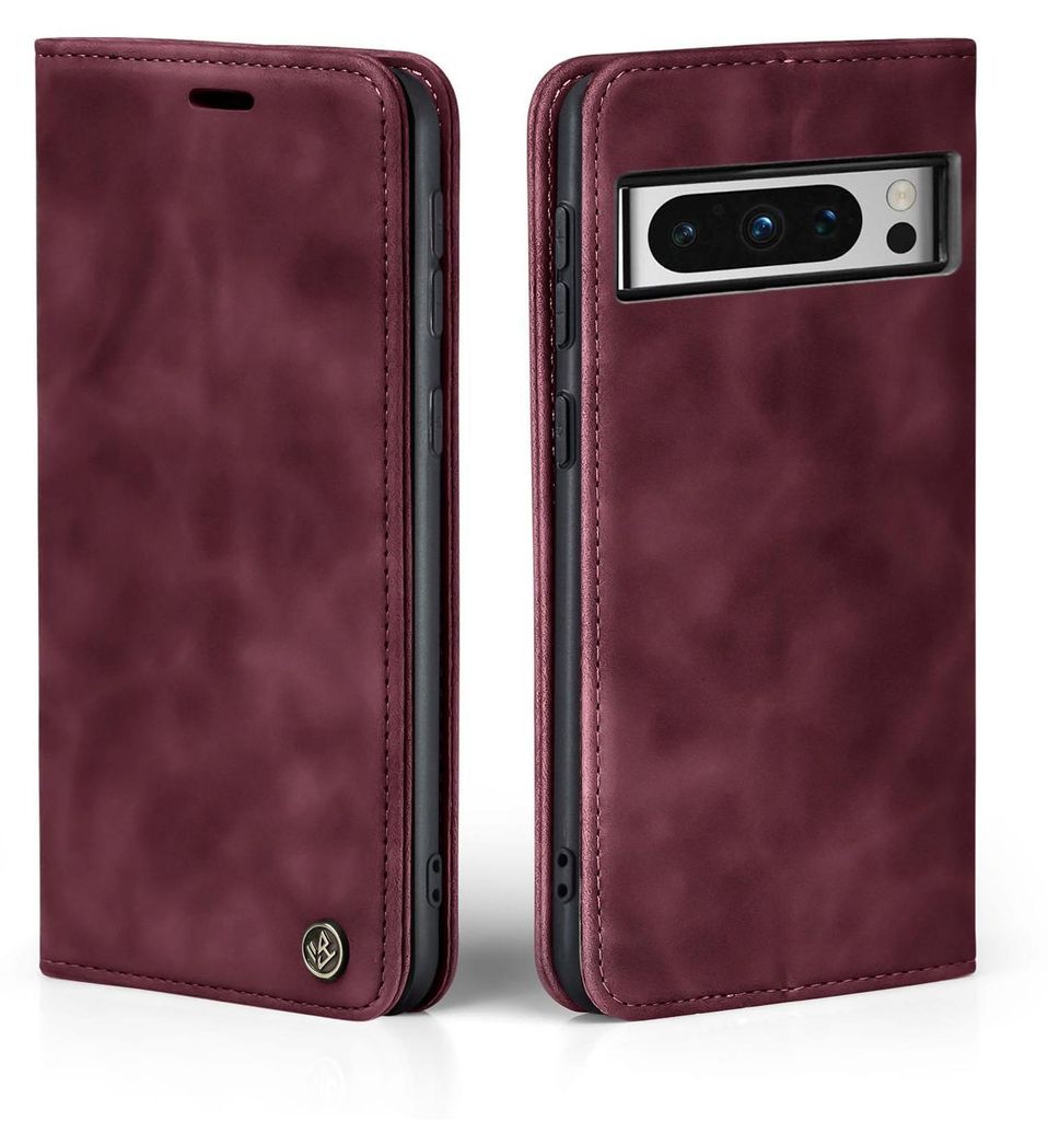 A burgundy flip case for a Google Pixel 8 Pro phone, shown from the front and back.