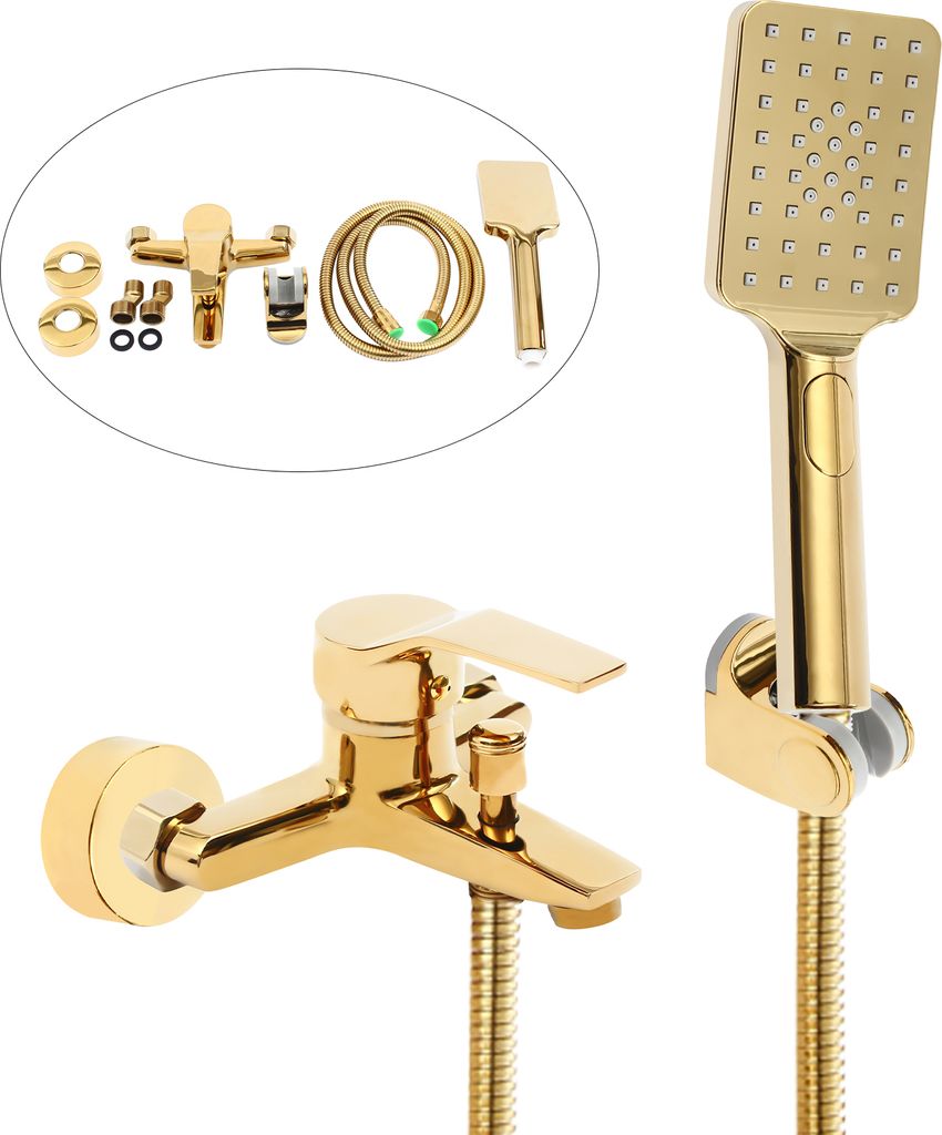 A gold-colored shower set including a faucet, shower head, hose, and mounting hardware, displayed against a white background.