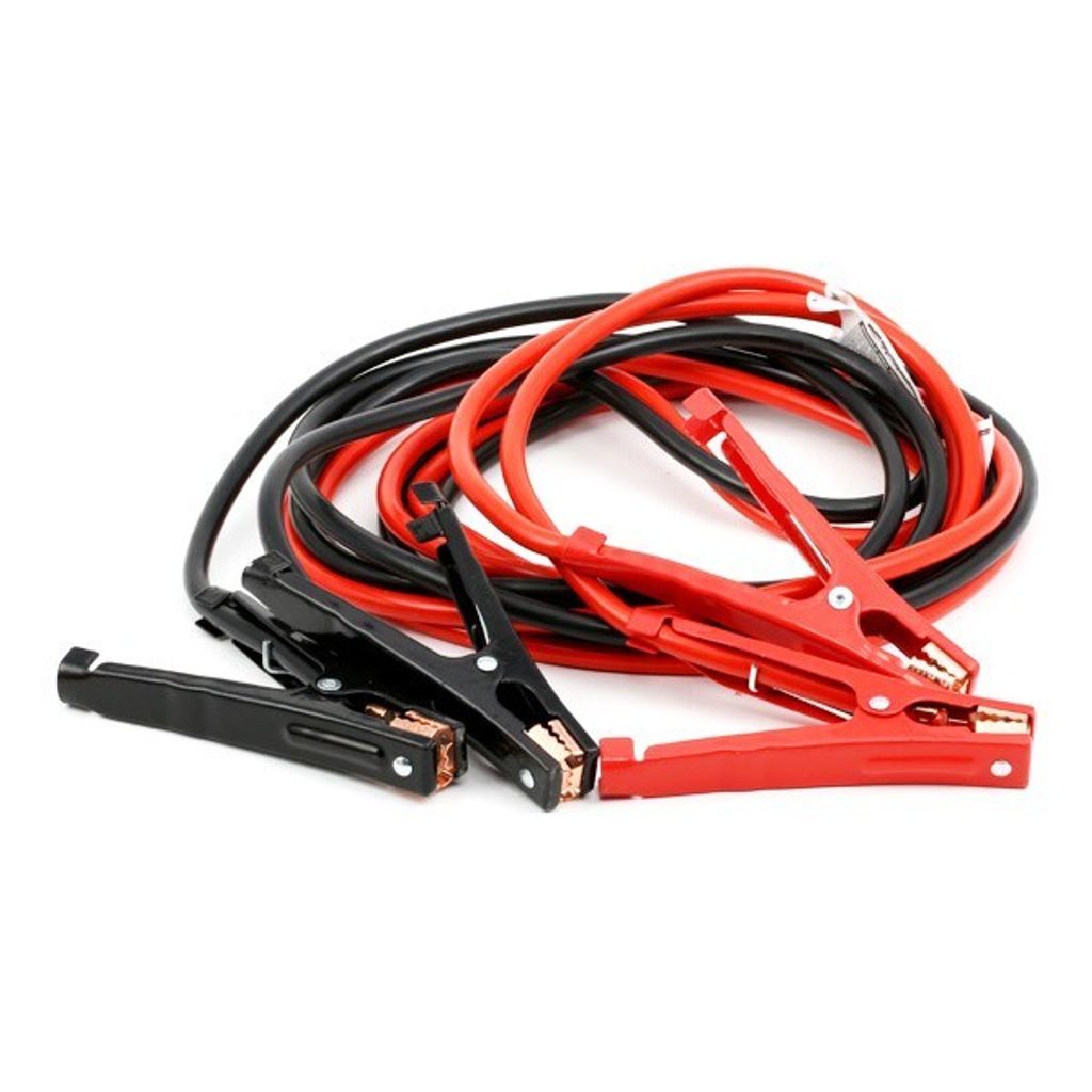 A pair of red and black jumper cables coiled on a white background.