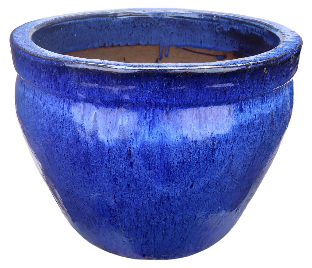 Blumentopf/Pflanzgefäß, Glasierter Steinzeugtopf, Modell Bamboo Hoch in Blau 20x19cm, frostfest & handgemacht