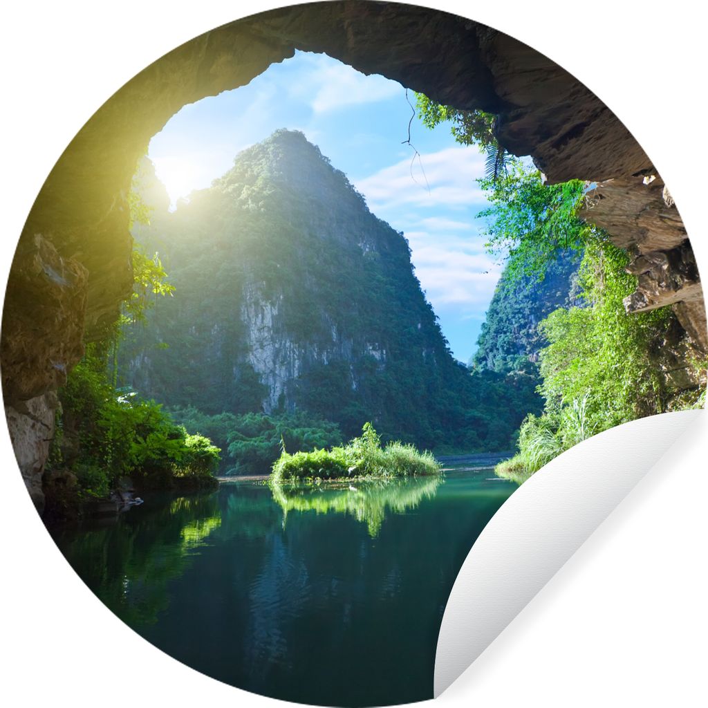 MuchoWow Runde Wandtattoo - Wandsticker Tapete Aufkleber Wasser - Höhle - Sonne - Natur - Pflanzen Ø 30 cm Selbstklebend und Repositionierbar -...