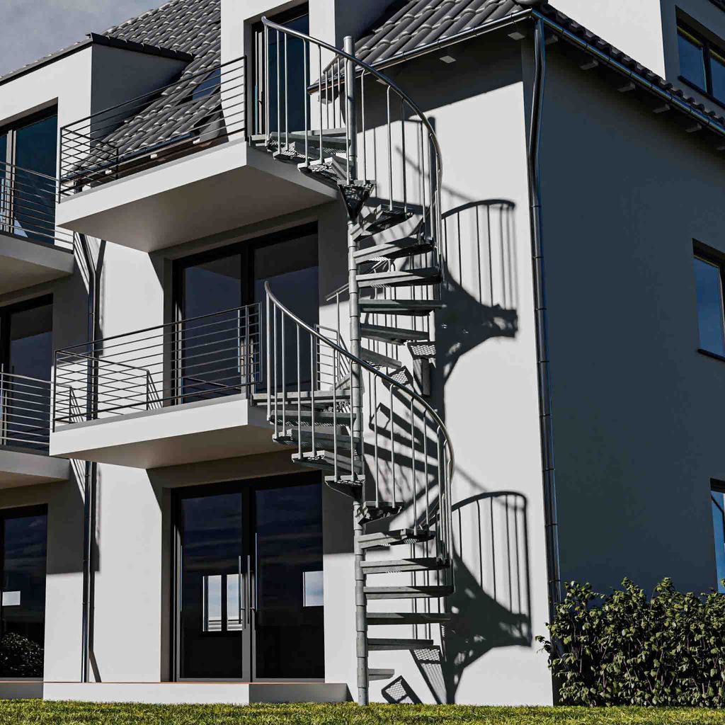 Spindeltreppe Ø 180 cm | Höhen: 486-584 cm | Ausstattung Premium | Stahlstufe