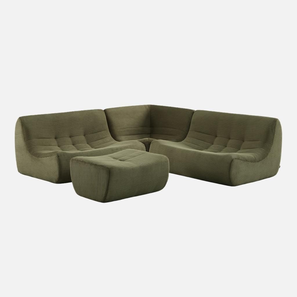 sweeek - Modulares 5-Sitzer Ecksofa mit 5 Cordbezug und Hocker - Khaki