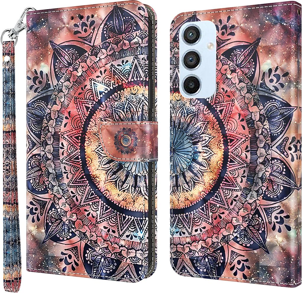 CLM-Tech Hülle kompatibel mit Samsung Galaxy A54 5G - Tasche aus Kunstleder - Klapphülle mit Ständer und Kartenfächern, Malerei Kreisel Blume bunt