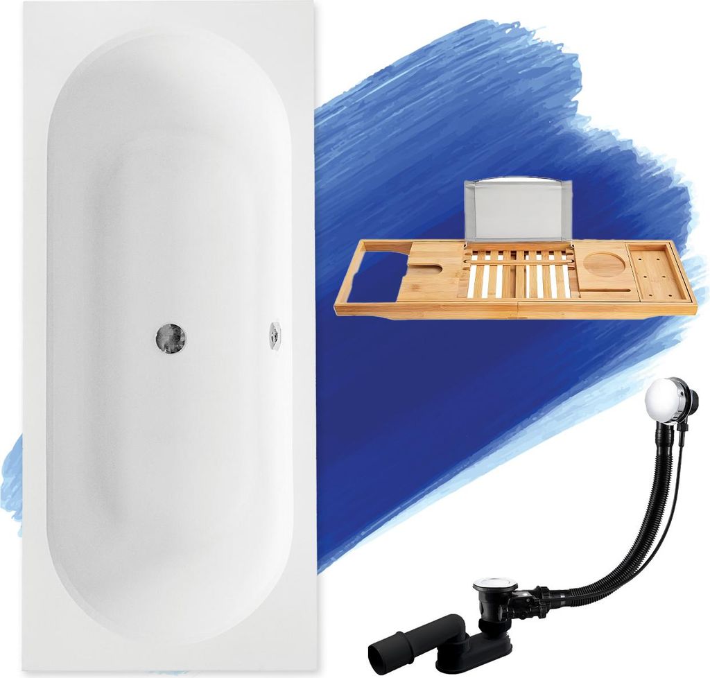 BADLAND Eckbadewanne Rechteck Badewanne VITAE 160x75 mit Ablaufgarnitur und Füßen + Bambus Ablage | BADLAND VITAE